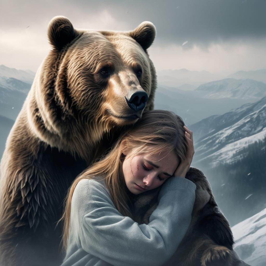 Bear Comforting Girl on Icy Mountain
