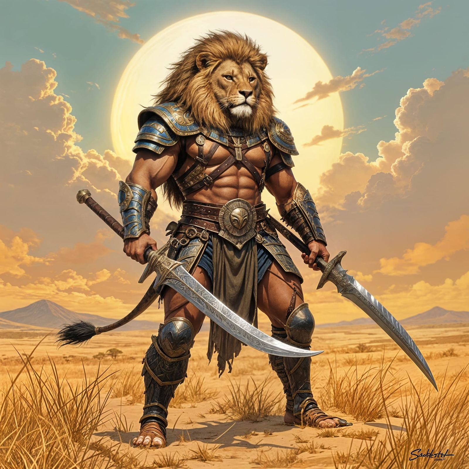 Lion Warrior with Khopesh Swords on Serengeti Plains