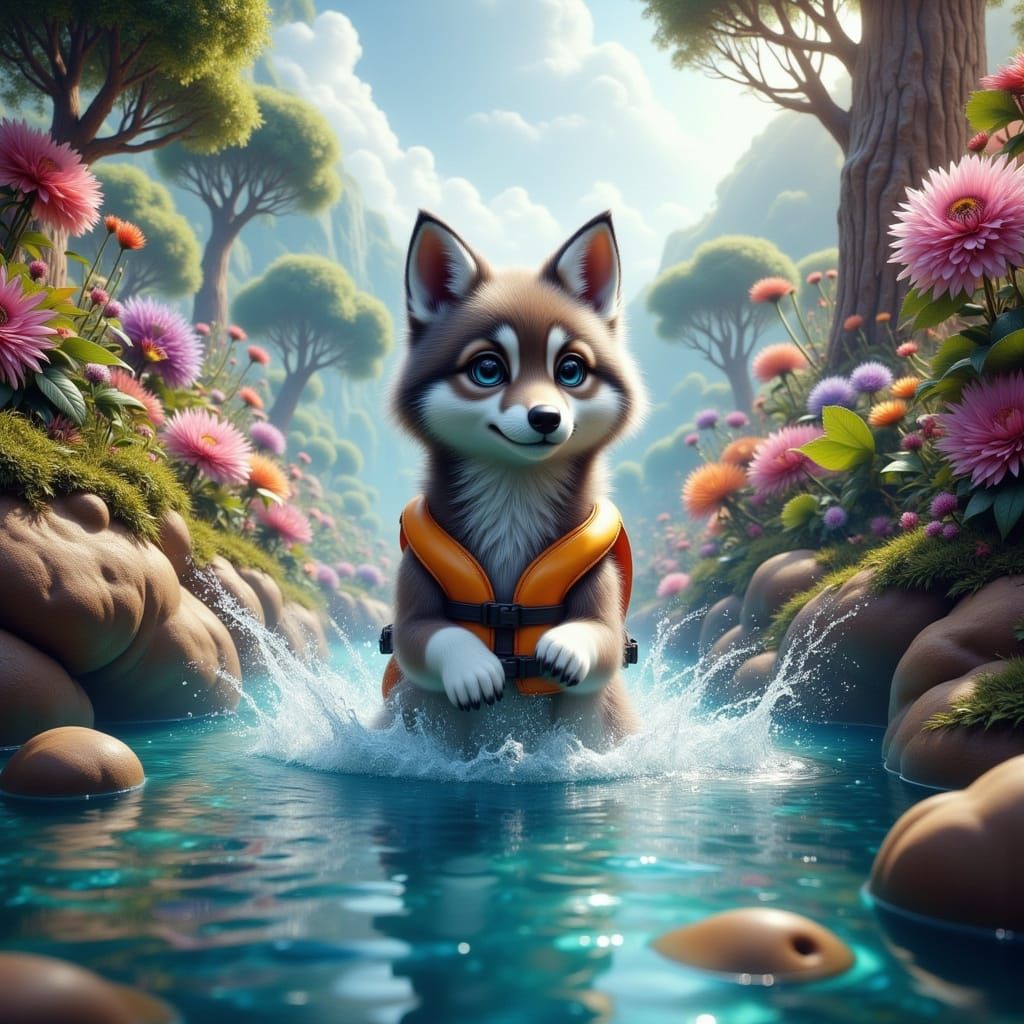 Whimsical Wolf Pup Rides Crystal Water Slide in Fantasy Land...