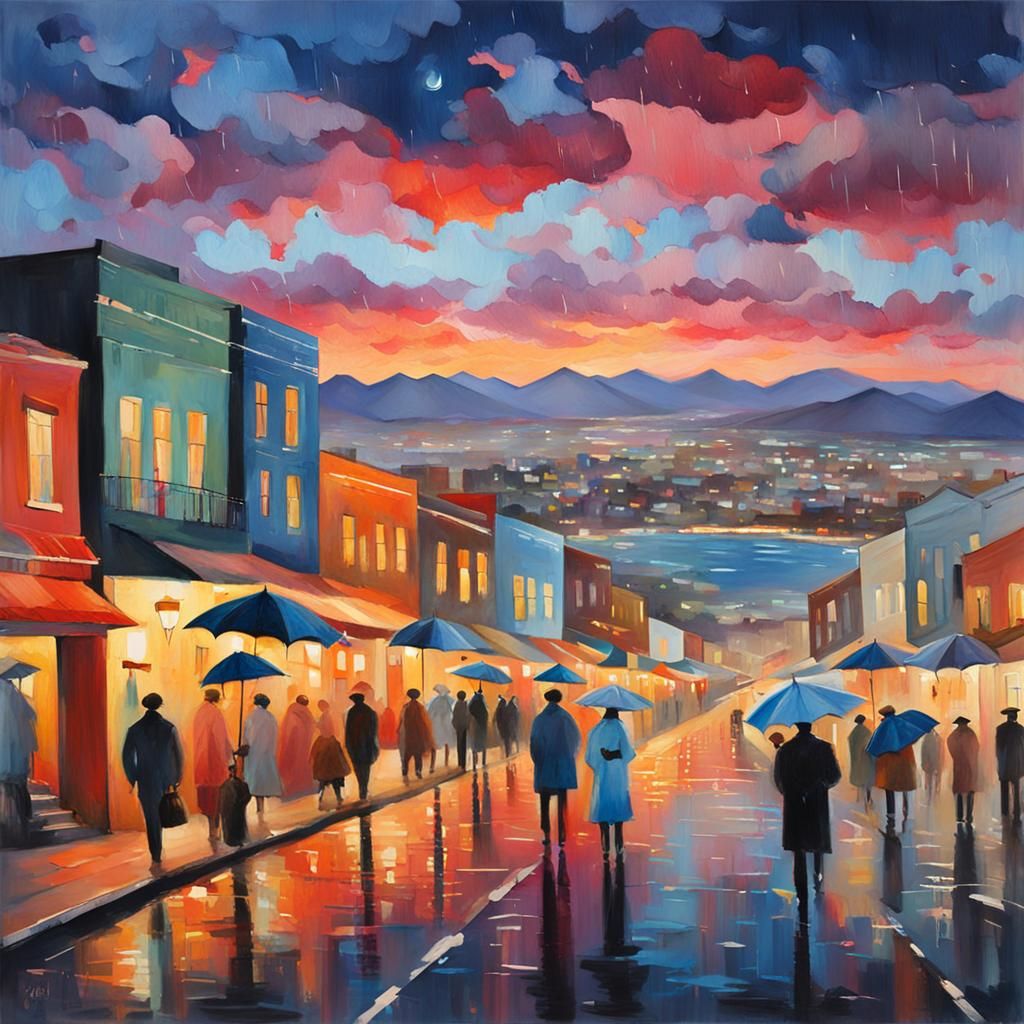 Cape Town Dusk Cityscape with Umbrellas in Gouache