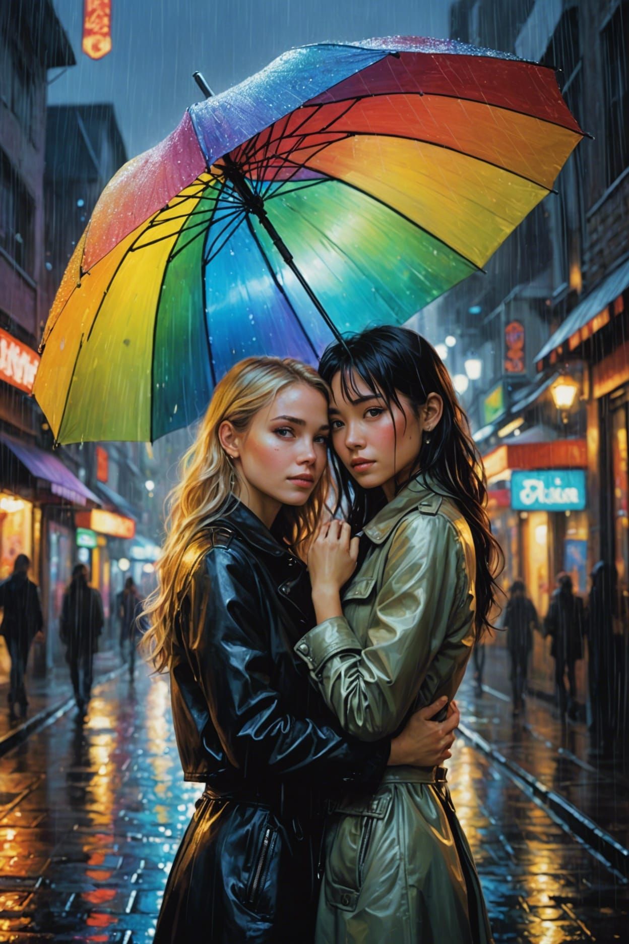 Rainbow Iridescence: Women Embrace in Bioluminescent Rain