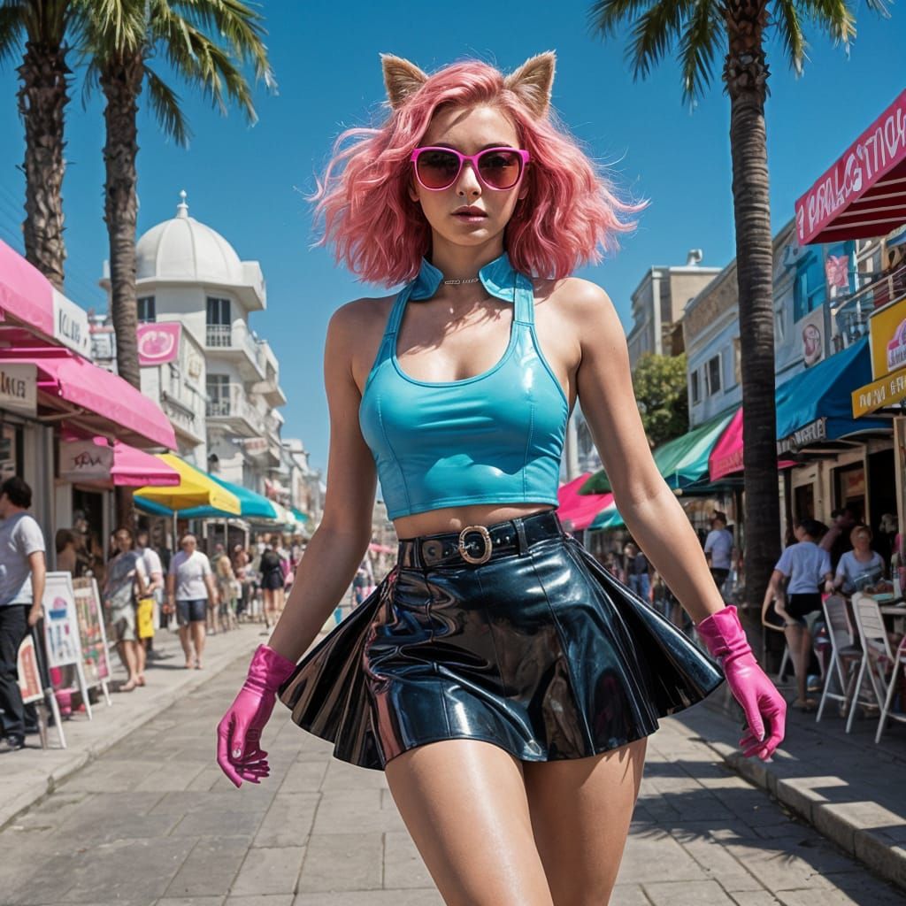 Electric Blue Goth Cat Cosplay at the Beach