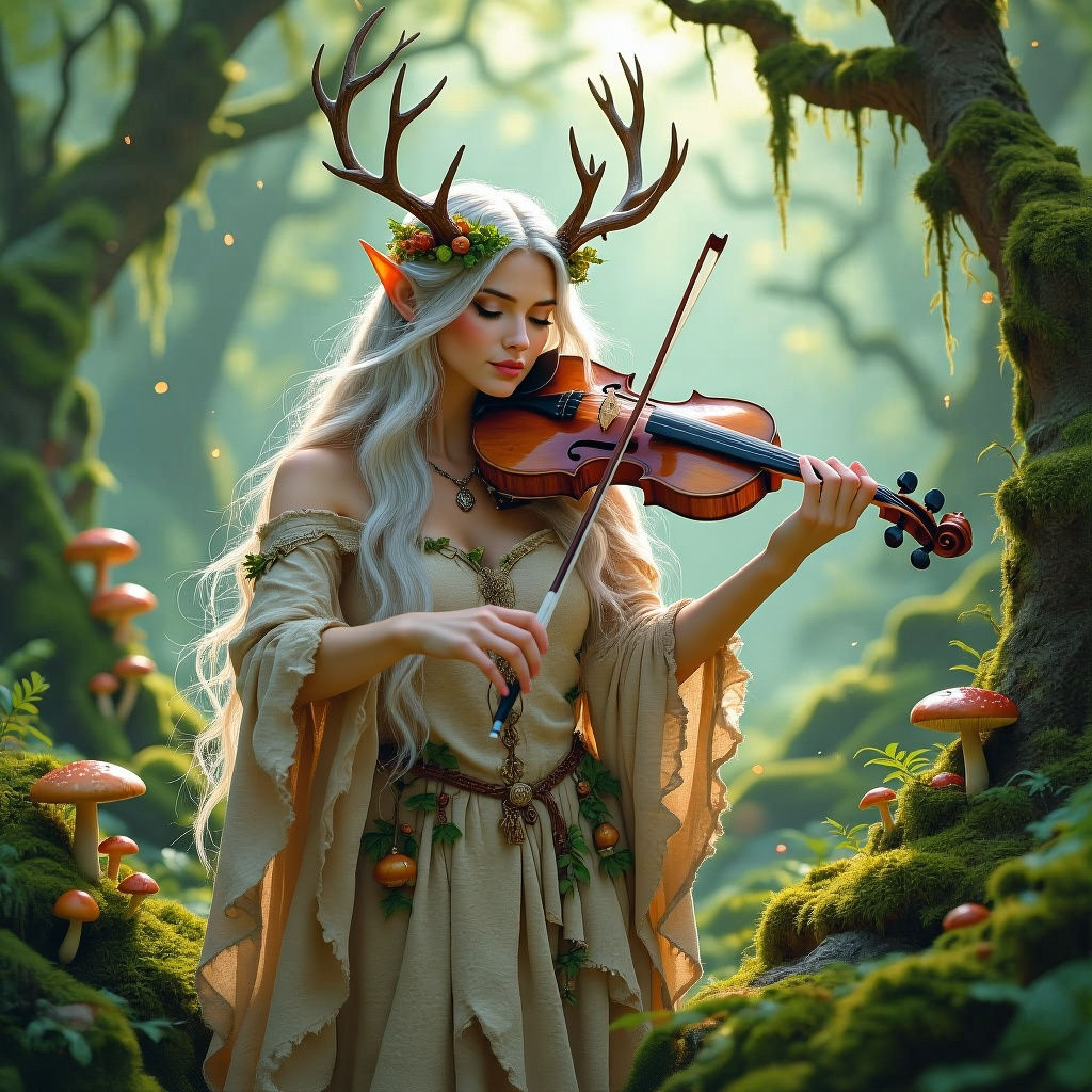 Ent Woman Plays Violin in Mystical Forest