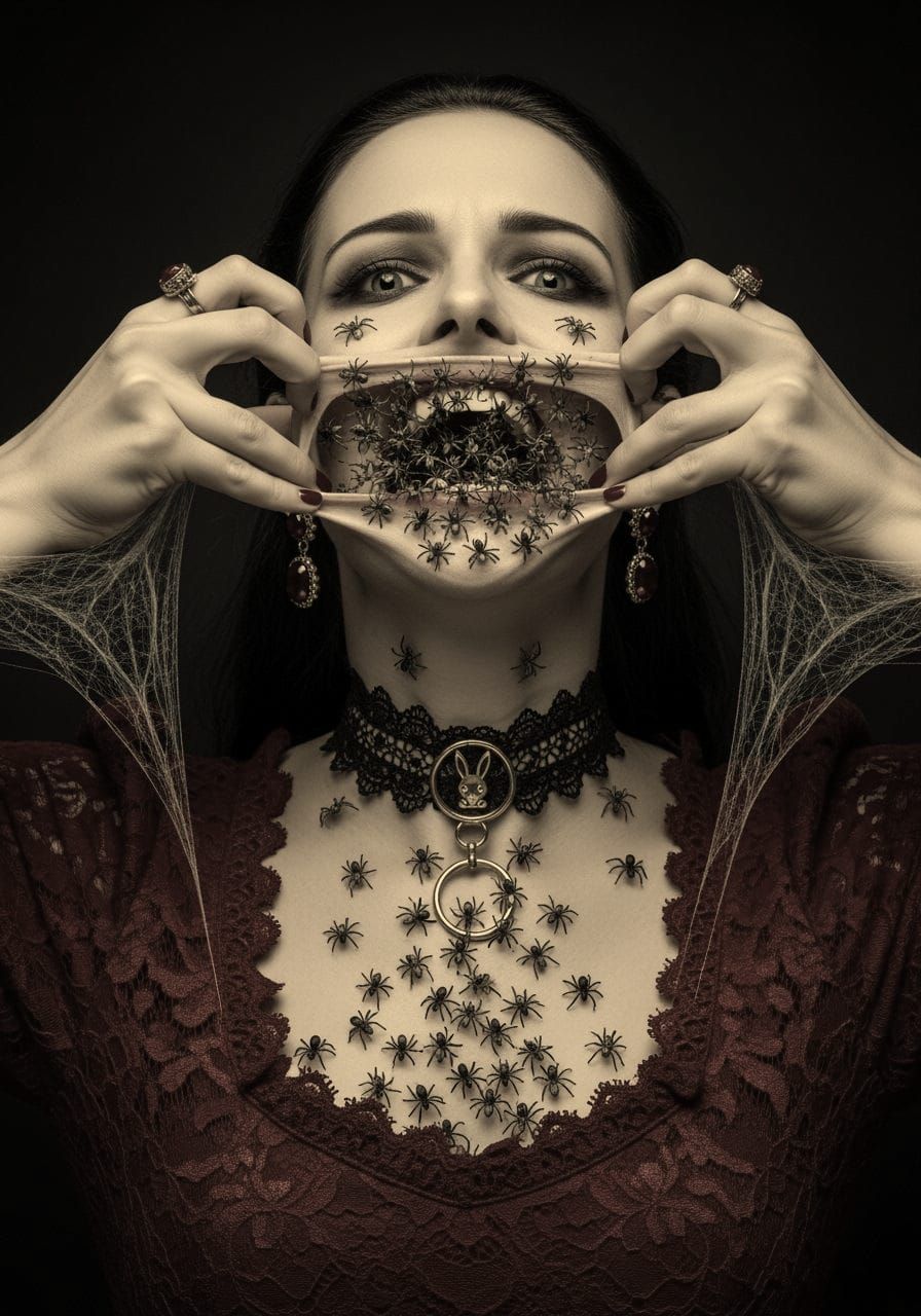 Macabre Goth Woman With Spiders Crawling From Mouth