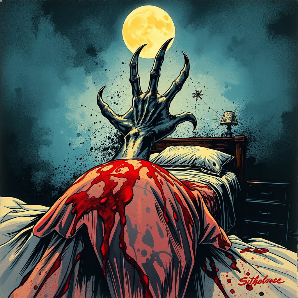 Clawed Hand Reaching from Bed in Alcohol Ink Style