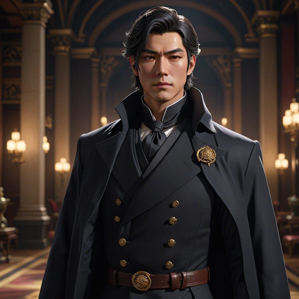 Elegant Dark Suit with Regal Coat in 3D Anime Art Style