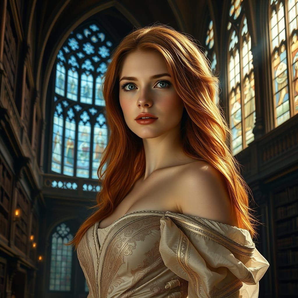 Elegant Woman in Medieval Library, Oil Painting Style