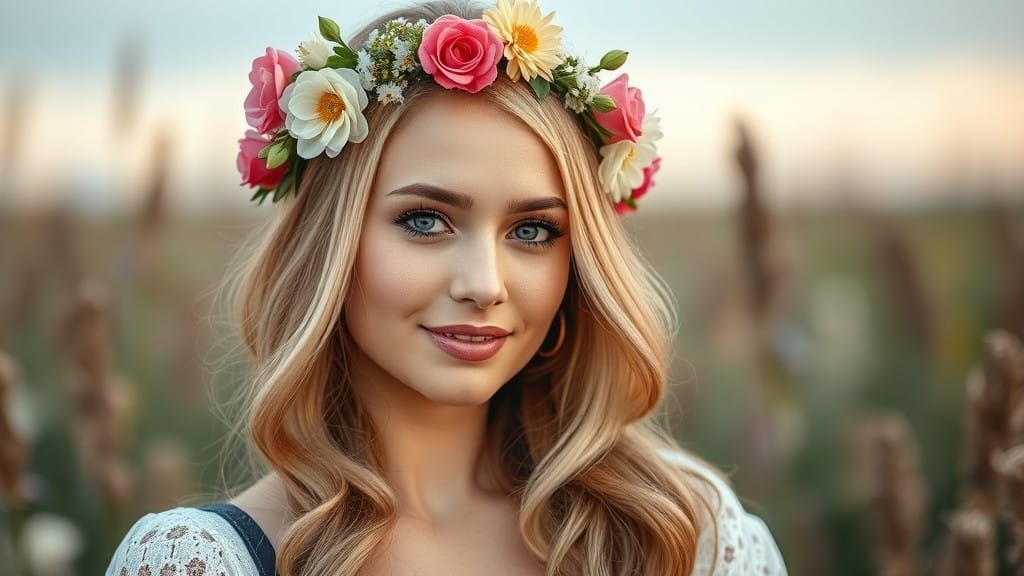 Elegant Polish Beauty Adorns Her Head with a Vibrant Floral...