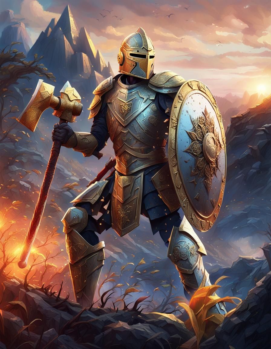 Paladin in Golden Helmet, Heroic Fantasy Art