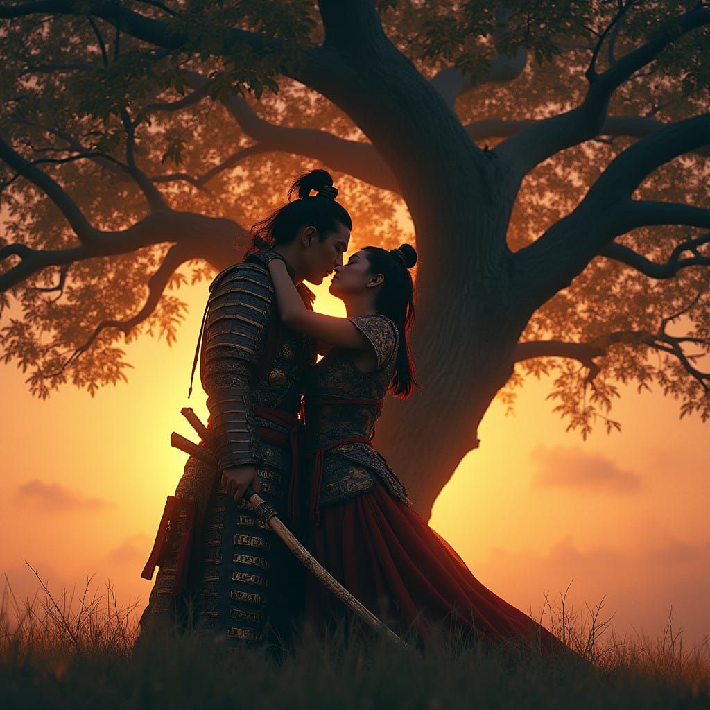 Samurai and Kunoichi Share a Final Kiss Under Ancient Tree