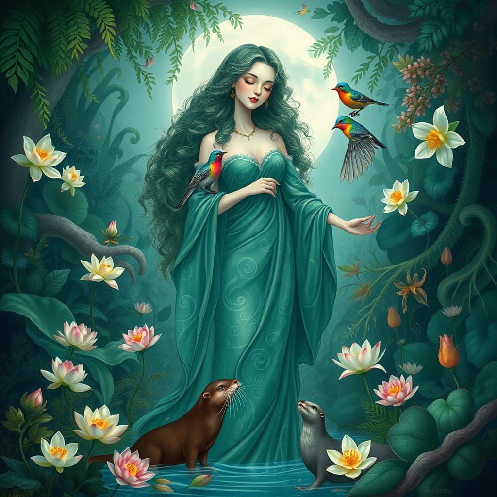 Water Goddess Embraces Nature in Lush, Emerald Paradise