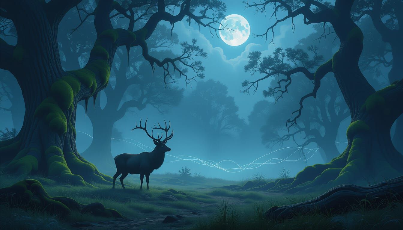 Majestic Stag in Ethereal Moonlit Forest