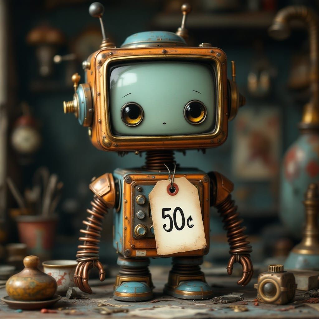 Whimsical Steampunk Robot in Vintage Pawn Shop
