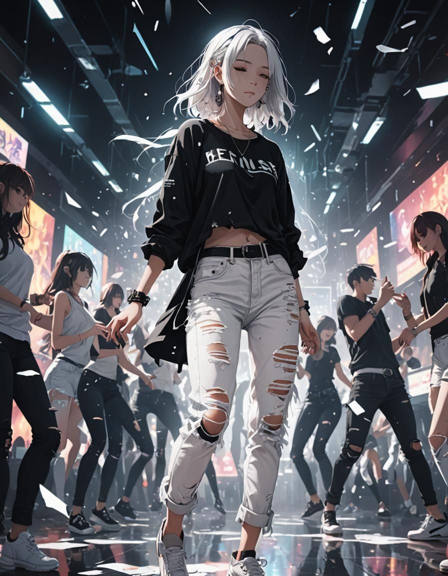 Anime Girl Dancing in Club with Double Exposure