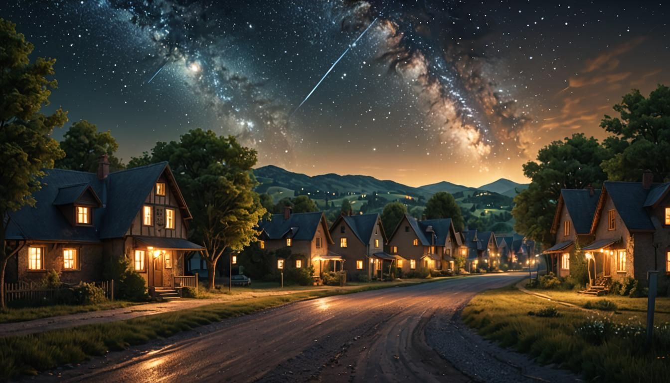 Night Village Under Bright Stars in 8K