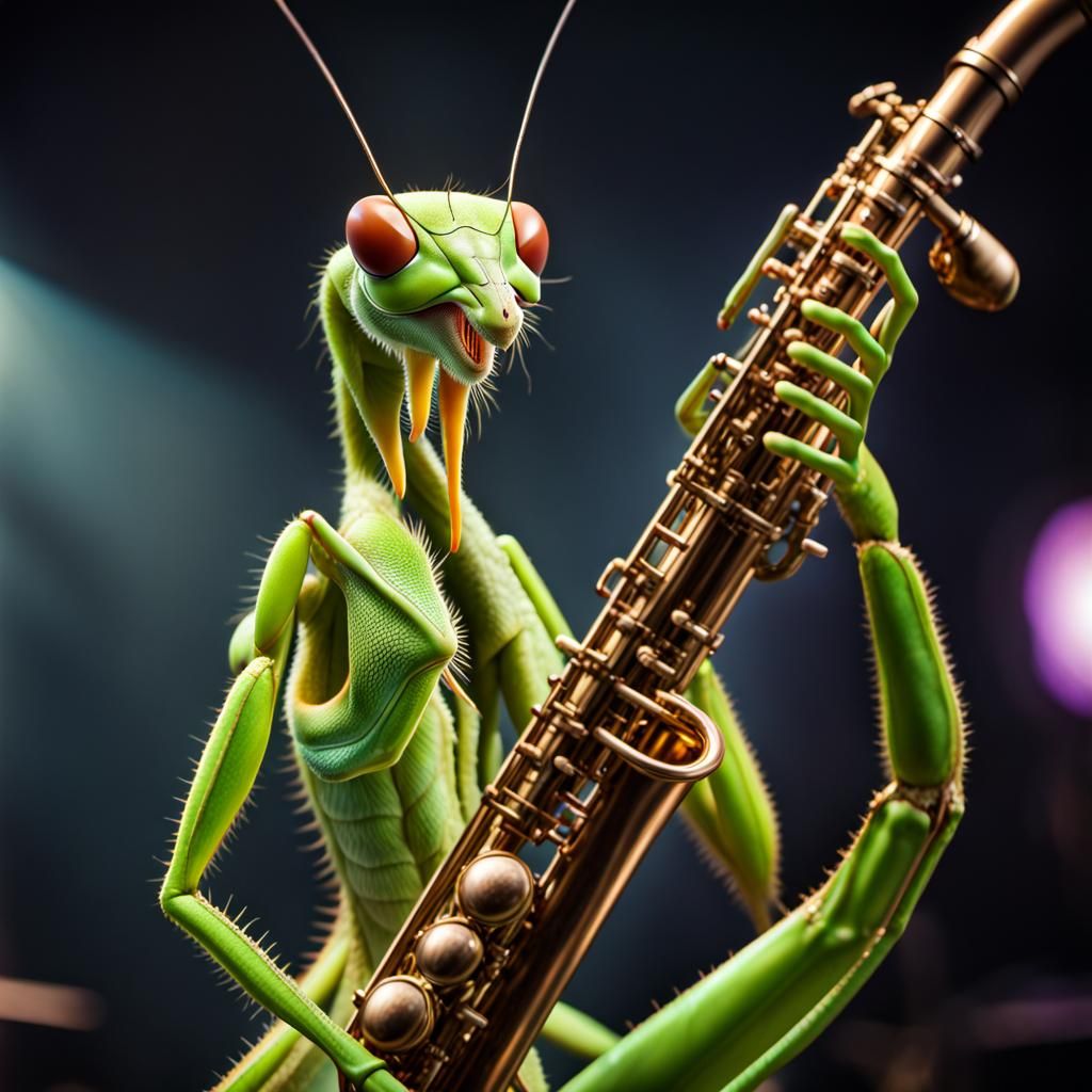Praying Mantis Plays Saxophone in Nightclub