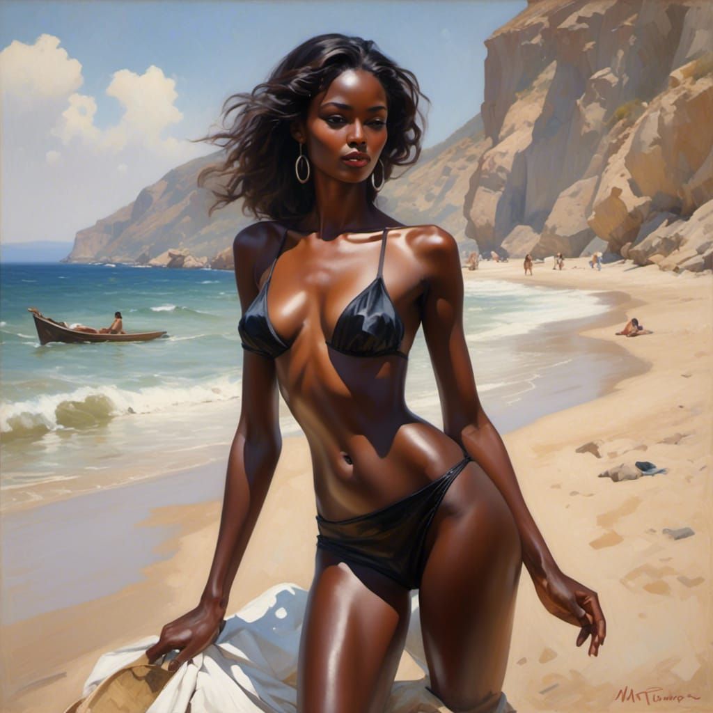 Stunning Black Beauty in Bikini on Tropical Beach
