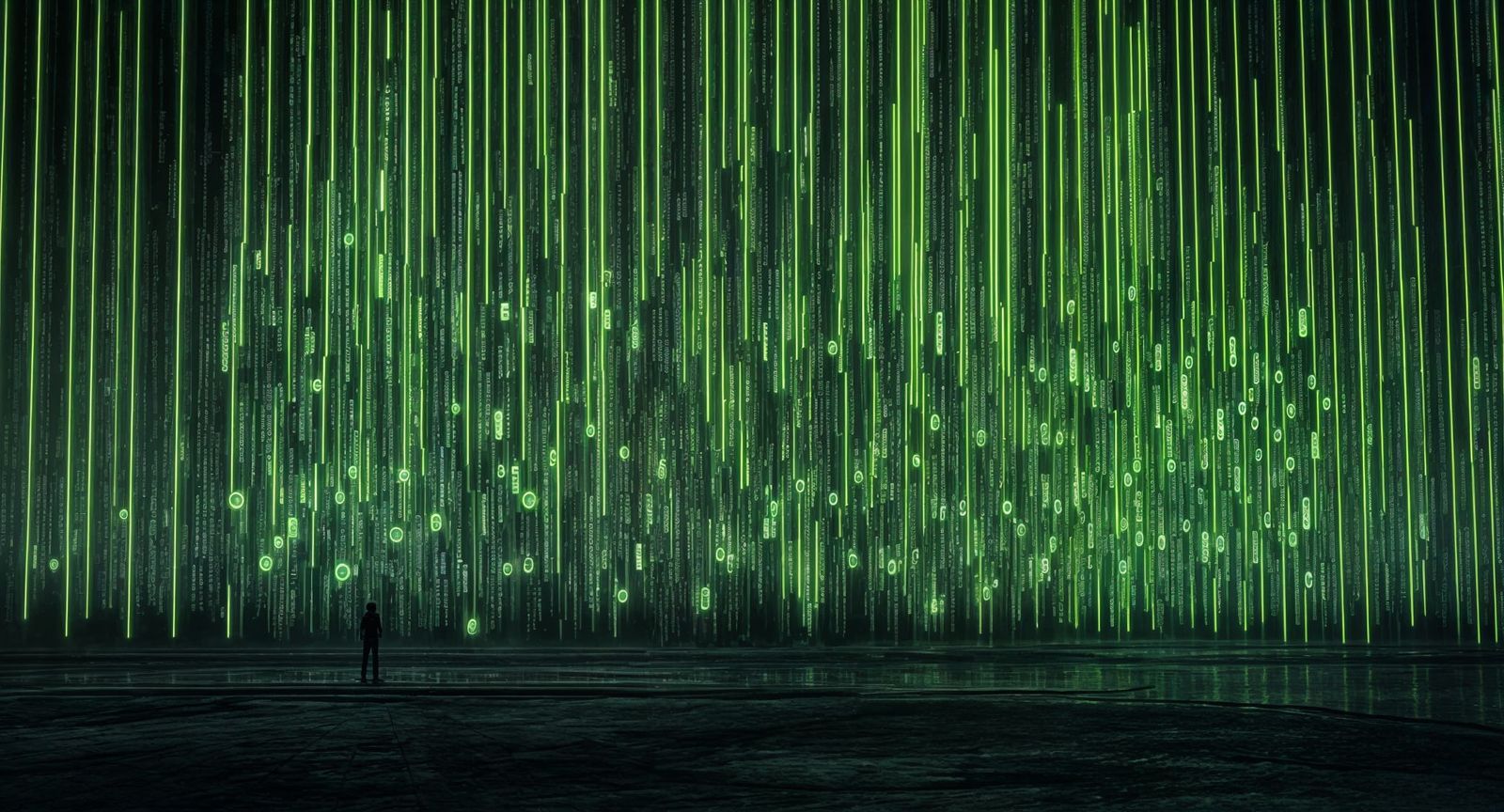 Giant Digital Matrix Code Fountain in Neon Green