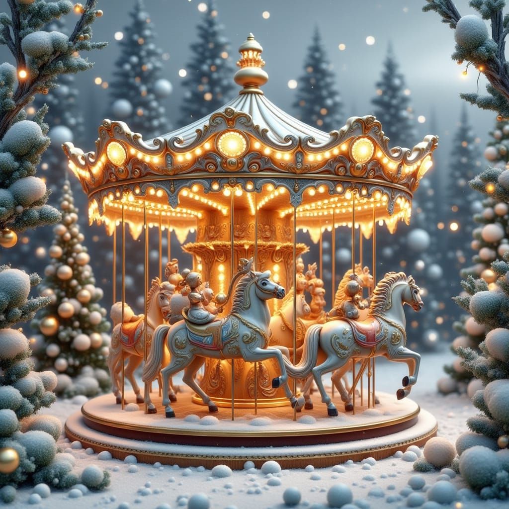 <lora:Effekte und Styles:1.0>elegant intricately detailed ornamented vintage style carousel with horses in a christmas f...