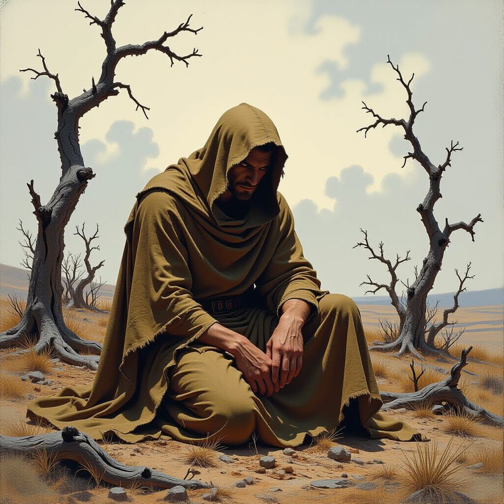 Contemplative Figure in Desolate Landscape, Dramatic Lightin...