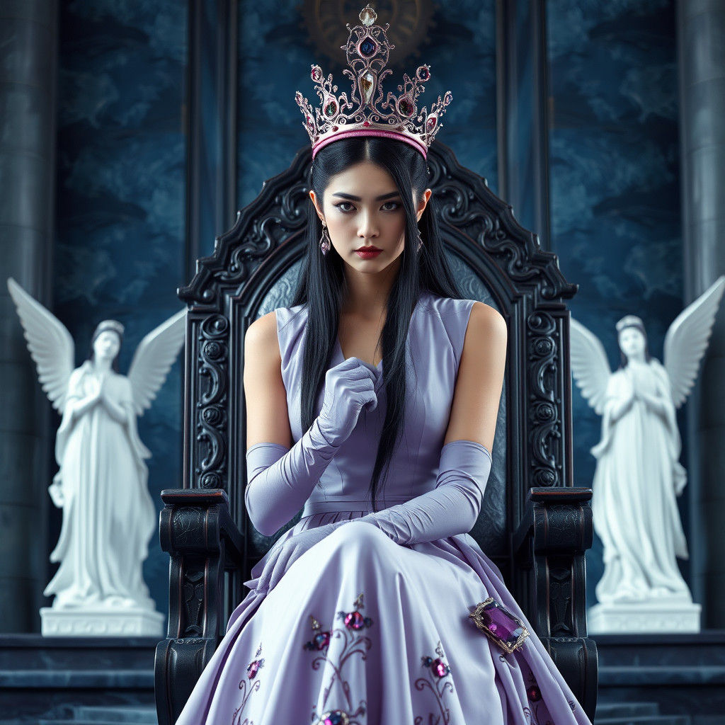 Korean Sorceress on Throne in Dark Fantasy Style