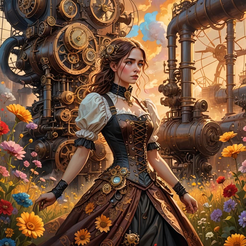 Steampunk Woman in a Magical Flower Field