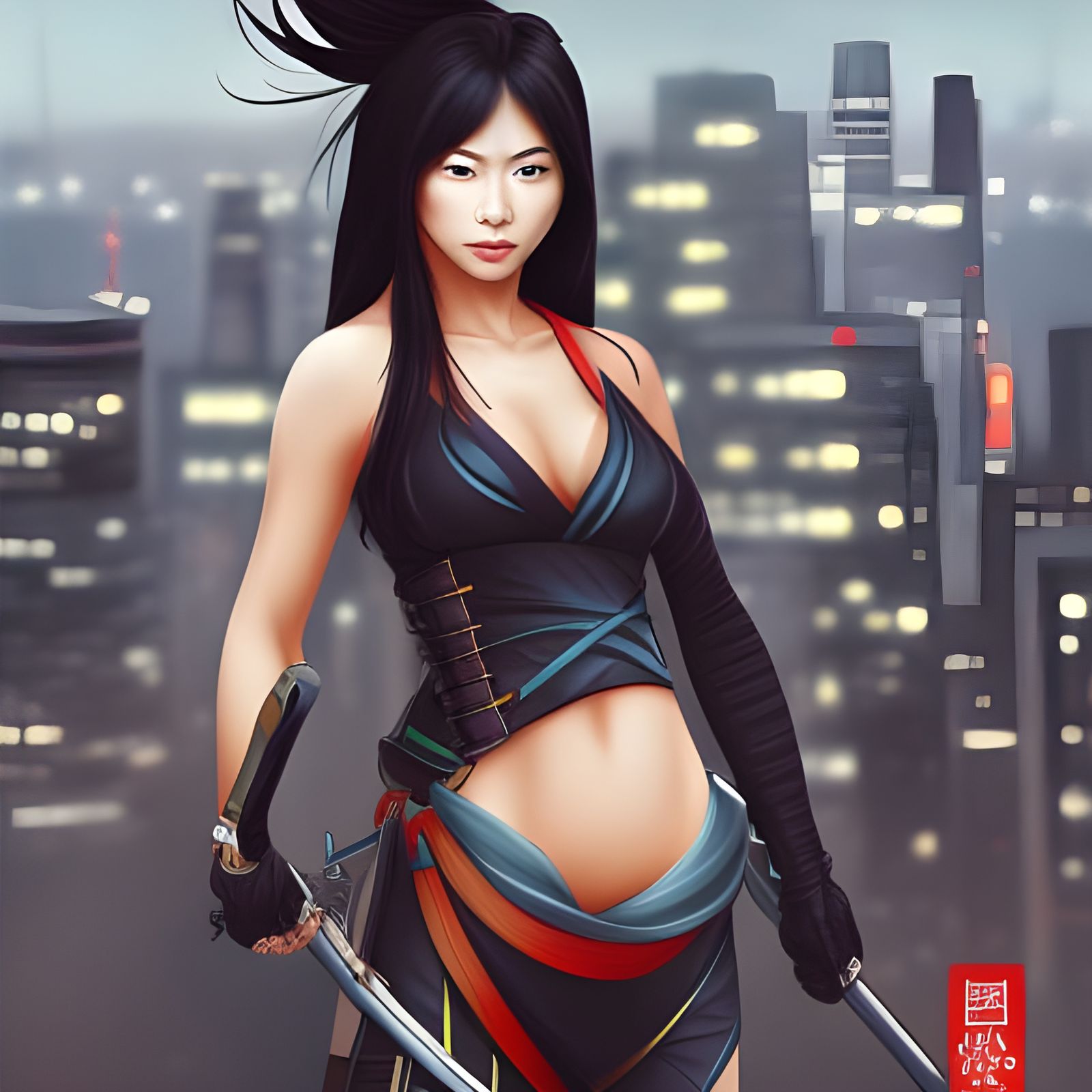 Female Ninja in Cityscape, Digital Painting