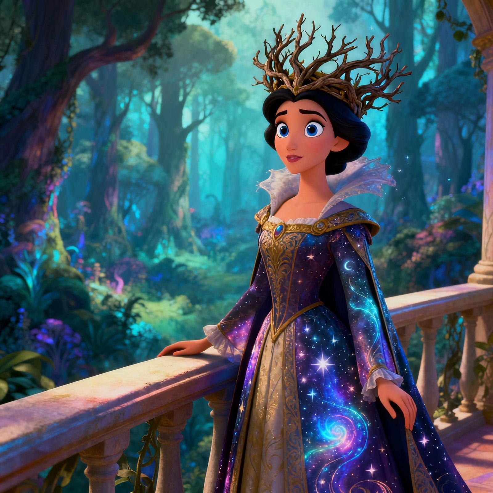 Majestic Queen in Opulent Regalia Overlooking Enchanted Fore...