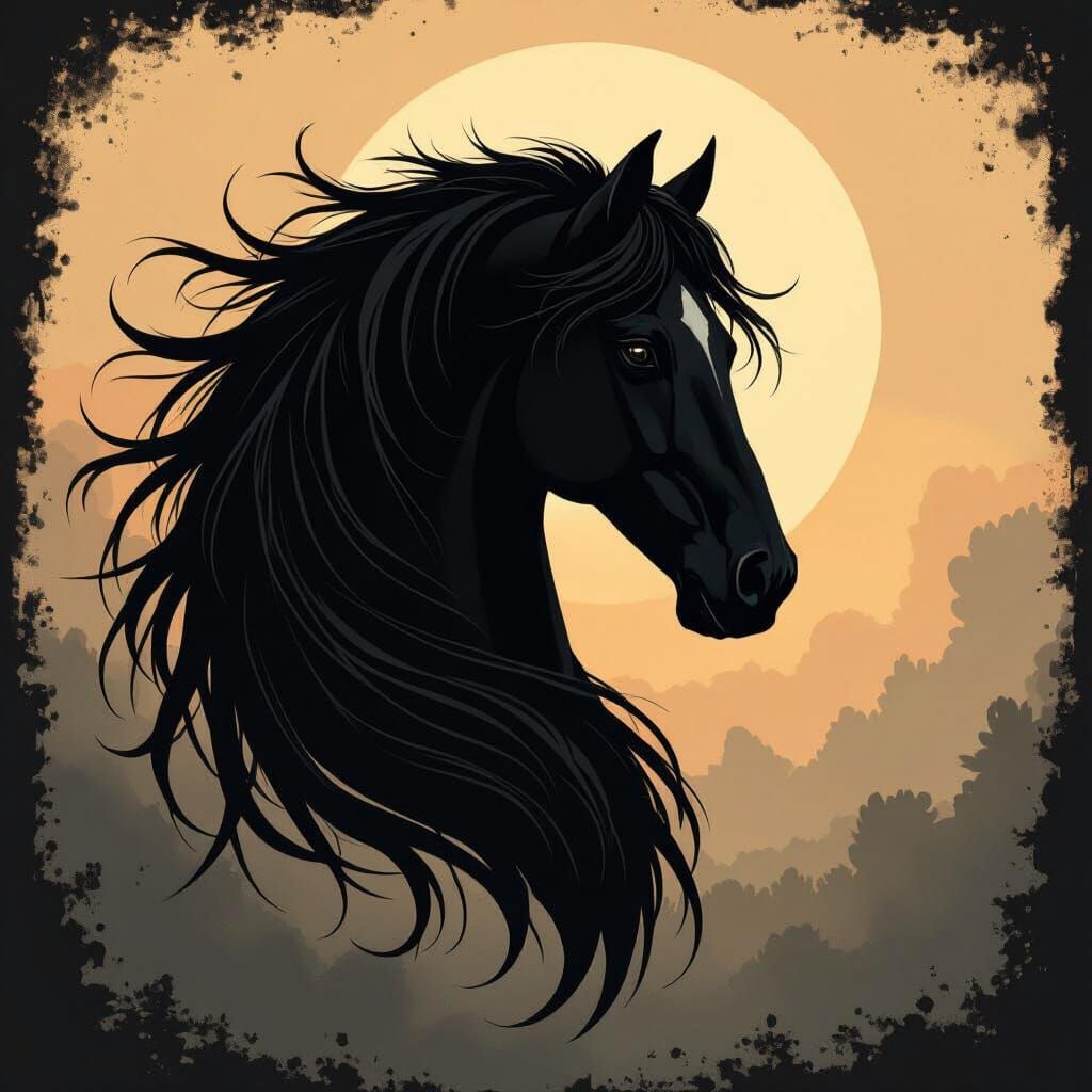 Dramatic Black Horse Silhouette with Flowing Mane