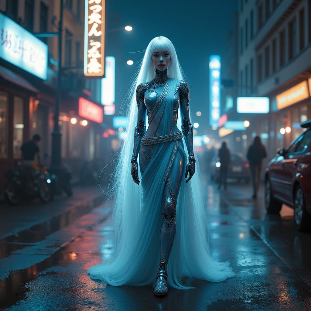 Futuristic Indian Android Goddess Illuminates Urban Night