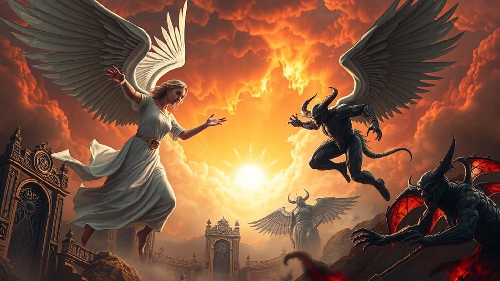 Angels and Demons Clash in a Dark, Apocalyptic Sky