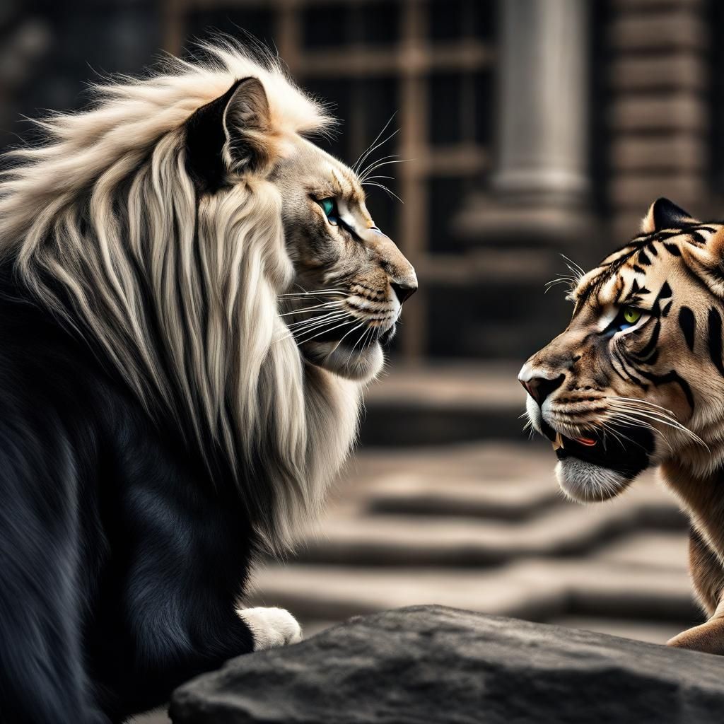 Black Cat Watches Tiger and Lion Battle