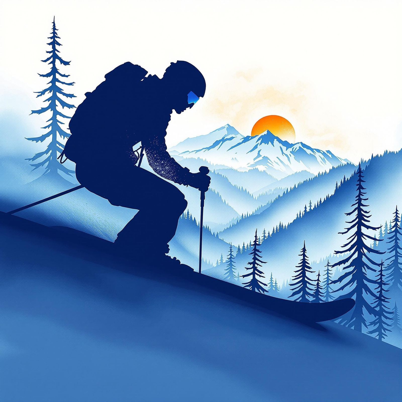Skier Silhouette with Snowy Mountain Scene