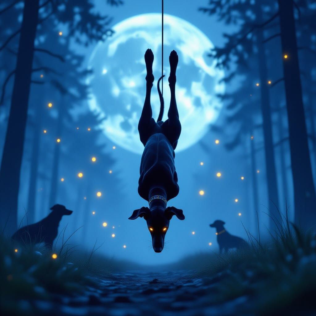 Greyhound Chasing Fireflies Under a Giant Moon