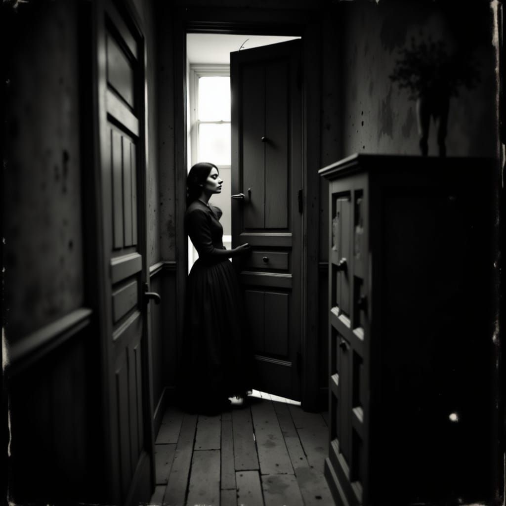 Melancholy Woman at Darkened Doorway in Vintage Style