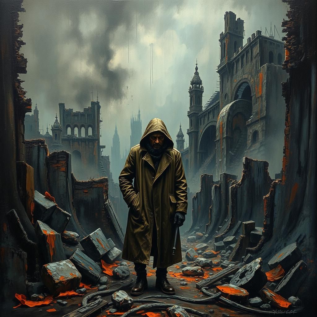 Homeless Figure in Dystopian Impasto Landscape