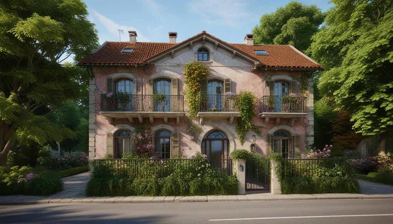 French House with Iron Balconies in Lush Garden