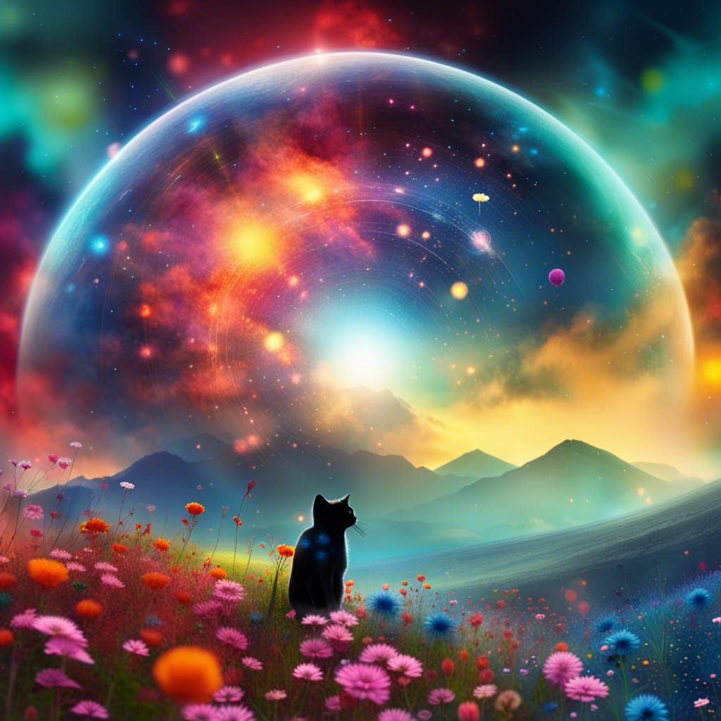 Black Cat Hunting in Cosmic Flower Meadow