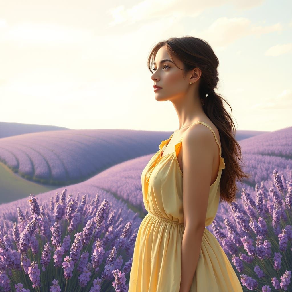 Serene European Woman Contemplates Lavender Landscape