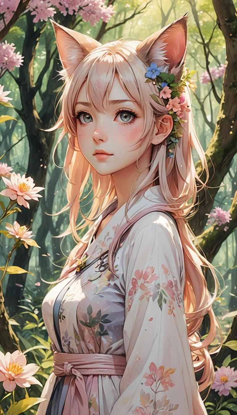 Anime Catgirl in Fantasy Forest, Watercolor Illustration