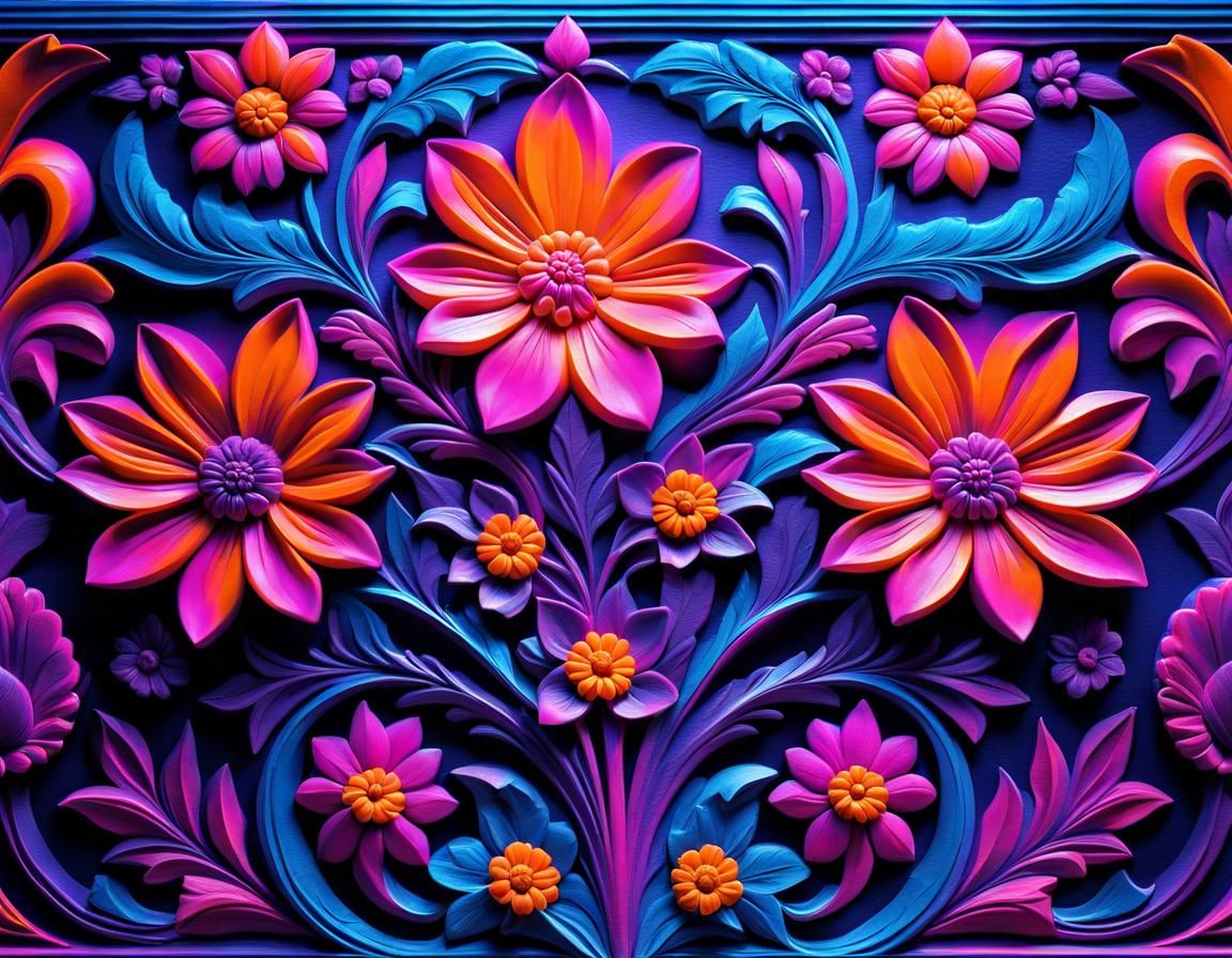 Neon Flower Bas-Relief Carving in HDR