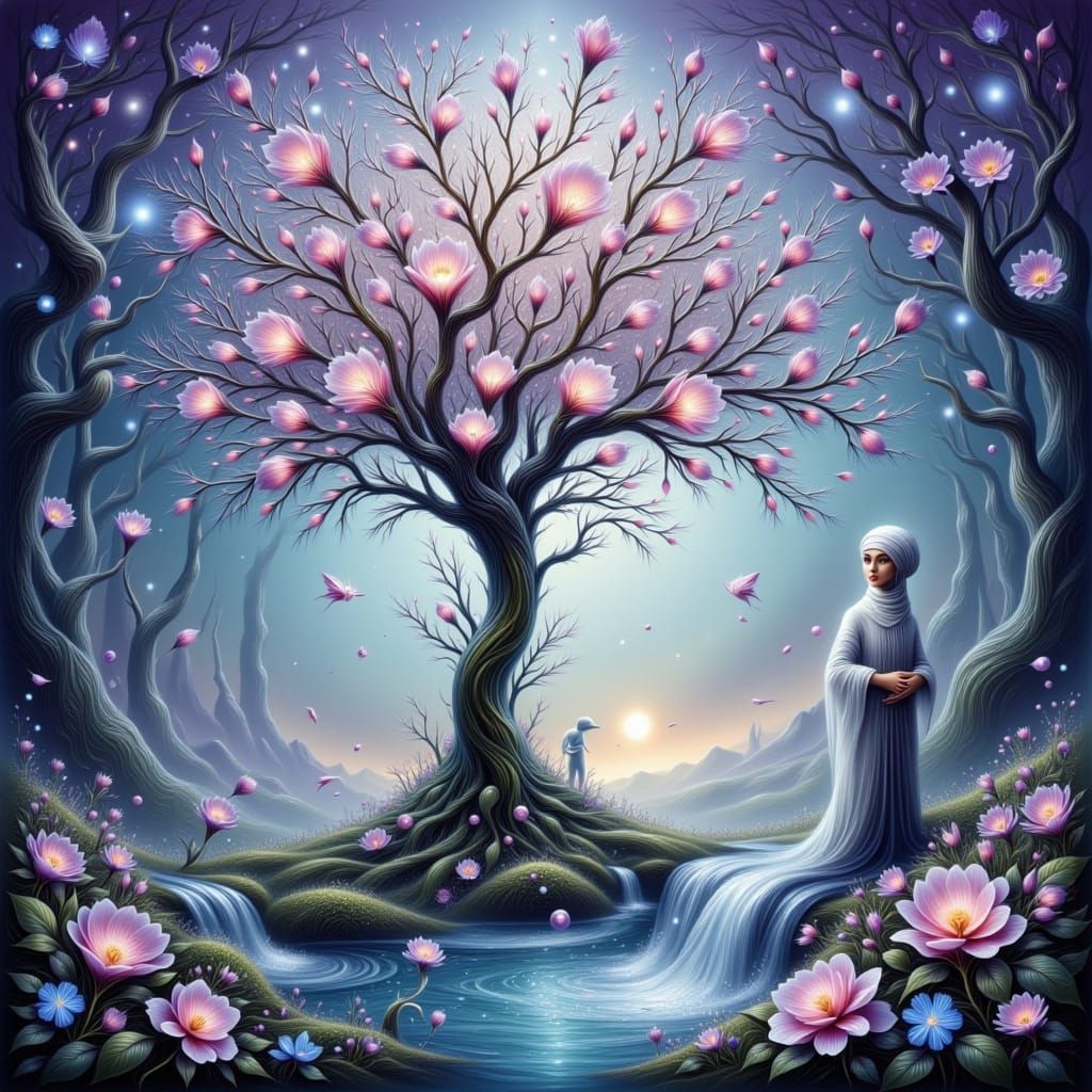 Dreaming Tree with Alien Flowers in Anime Style