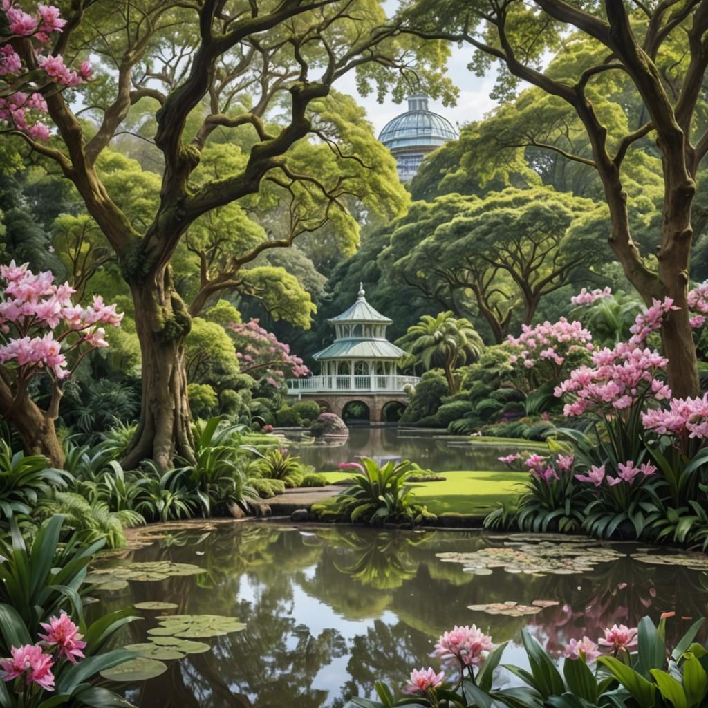 A serene view of Kew Gardens, with its Victorian glasshouses, tropical plants, exotic orchids, and blooming cherry bloss...