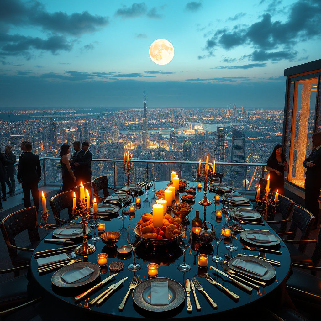 Rooftop Dinner Party at Dusk in Digital Art Style