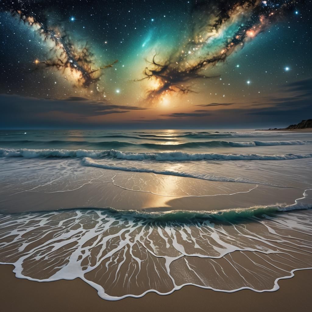 A serene beach with glowing, bioluminescent sand is washed by waves made of liquid starlight.