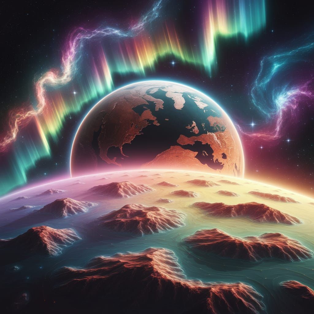 Surreal Cosmic World with Vibrant Aurora