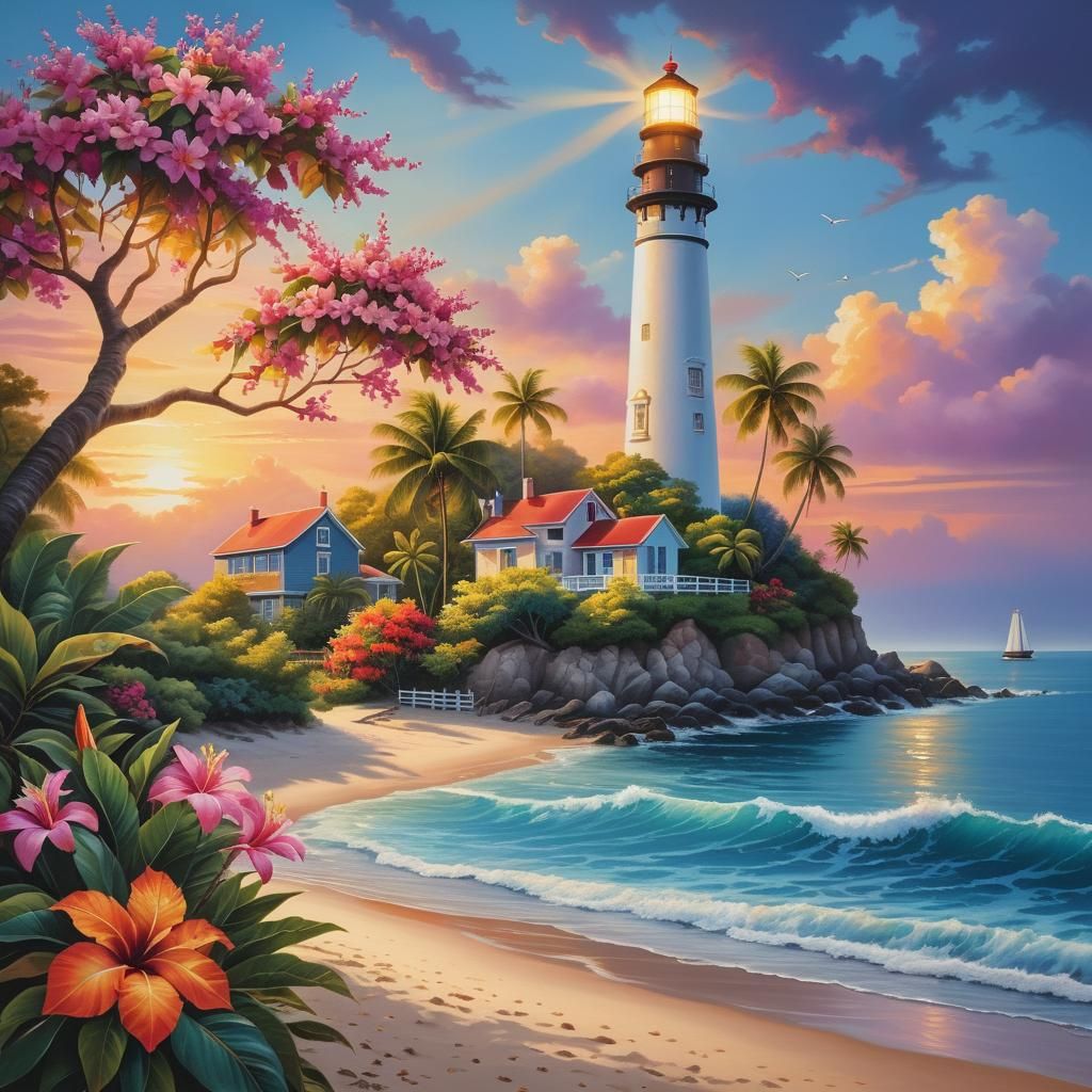 Tropical Beach Scene with Lighthouse at Golden Hour