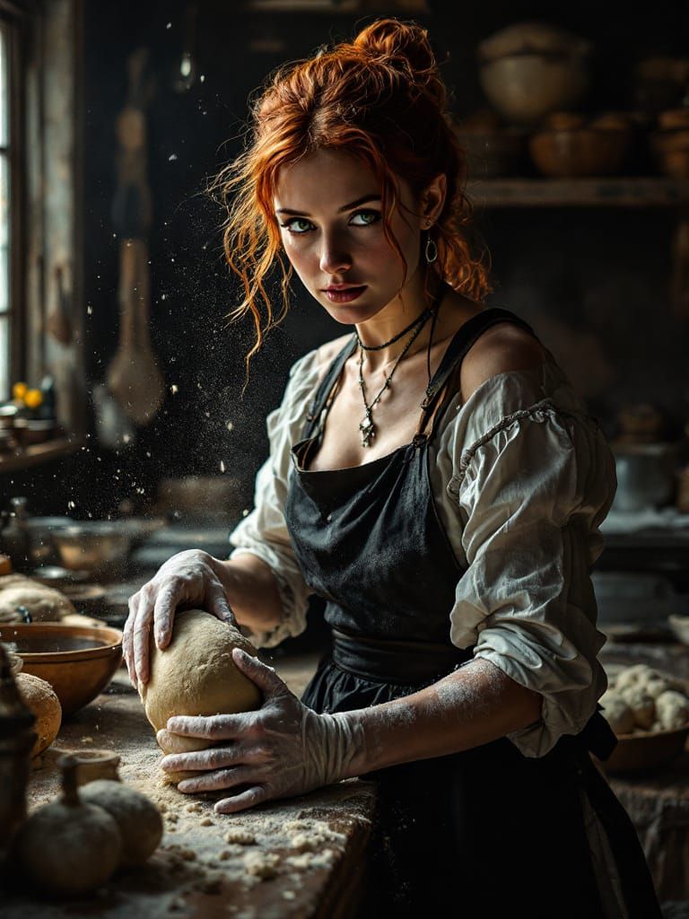 Redhead Baker Kneading Dough in Dramatic Shadow-Lit Kitchen
