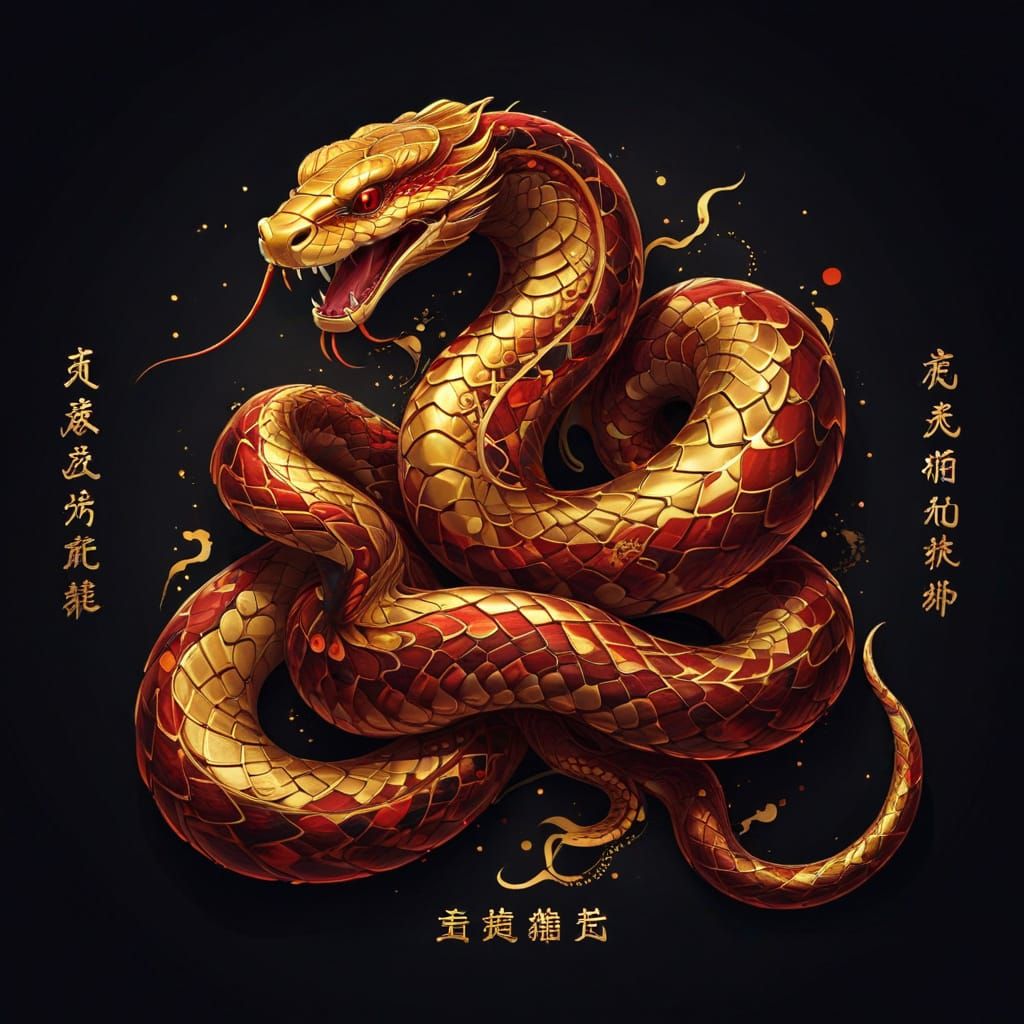Chinese Zodiac Snake in Elegant Red and Gold
