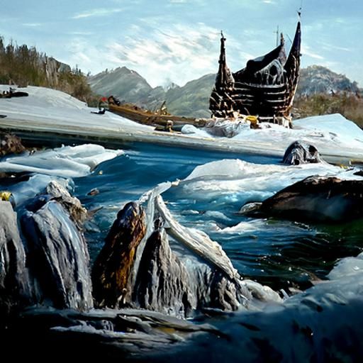 Viking Longship on Norway's Icy Waters: Oil Painting